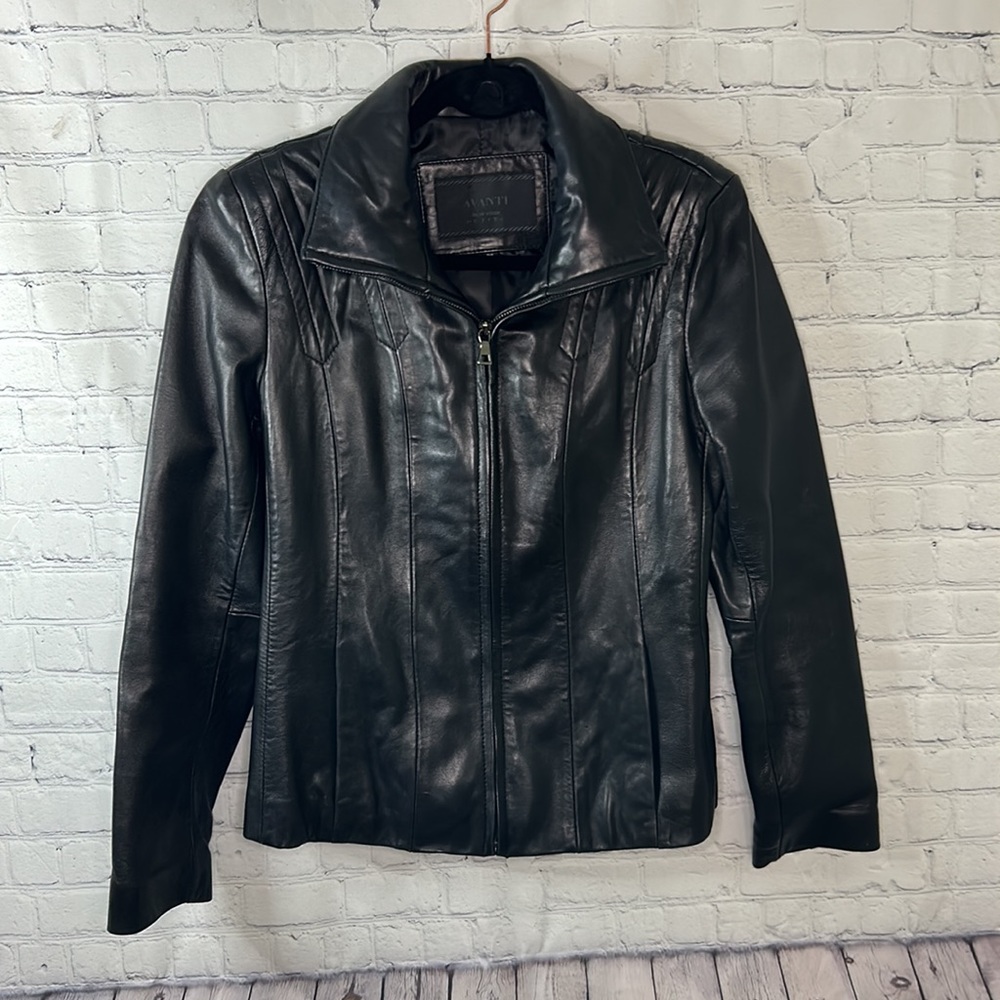 Avanti New York Petite black genuine leather fully lined zippers jacket Sz PS